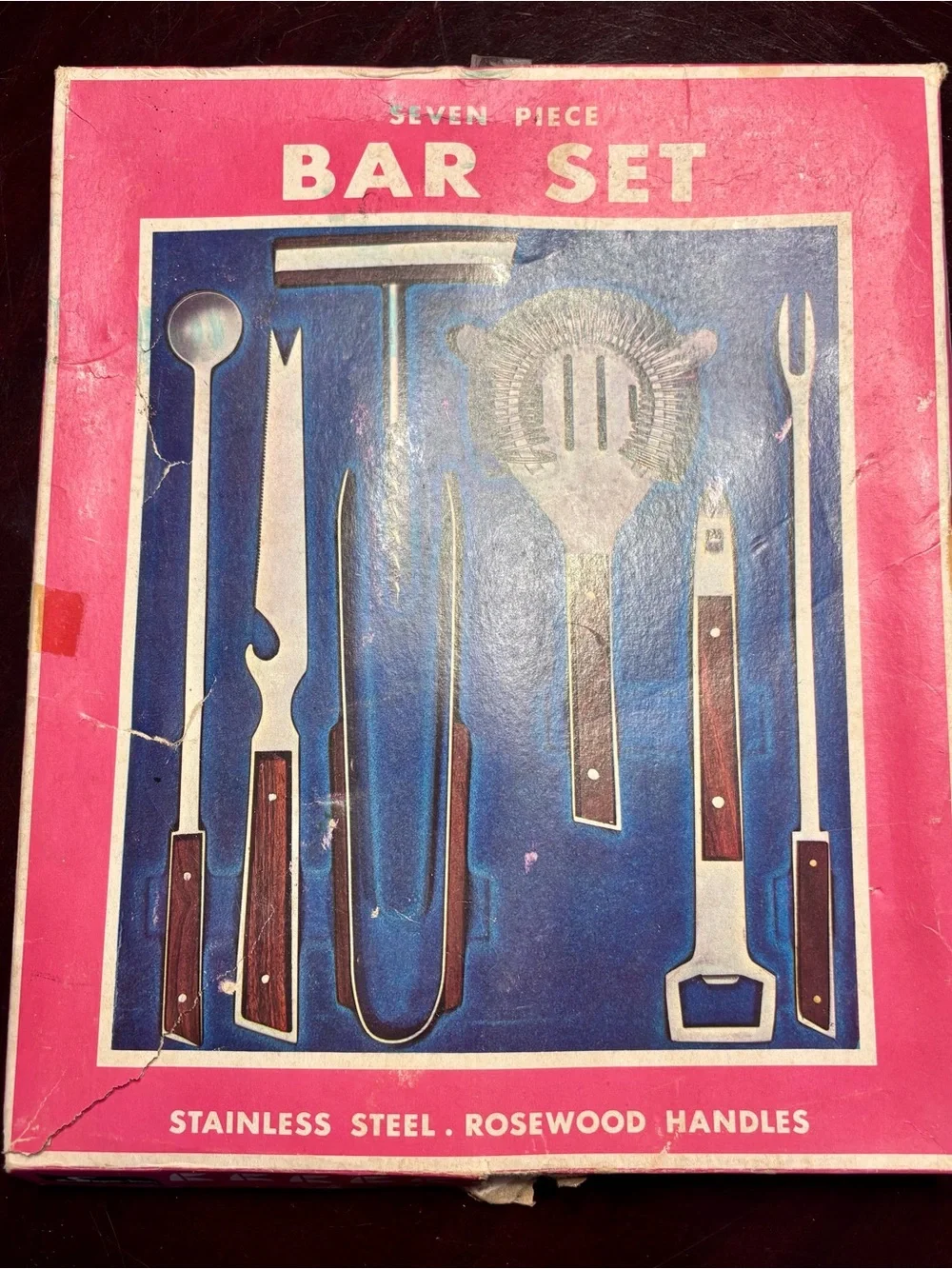 7 PC Rosewood Handle Bar Set - Stainless Steel